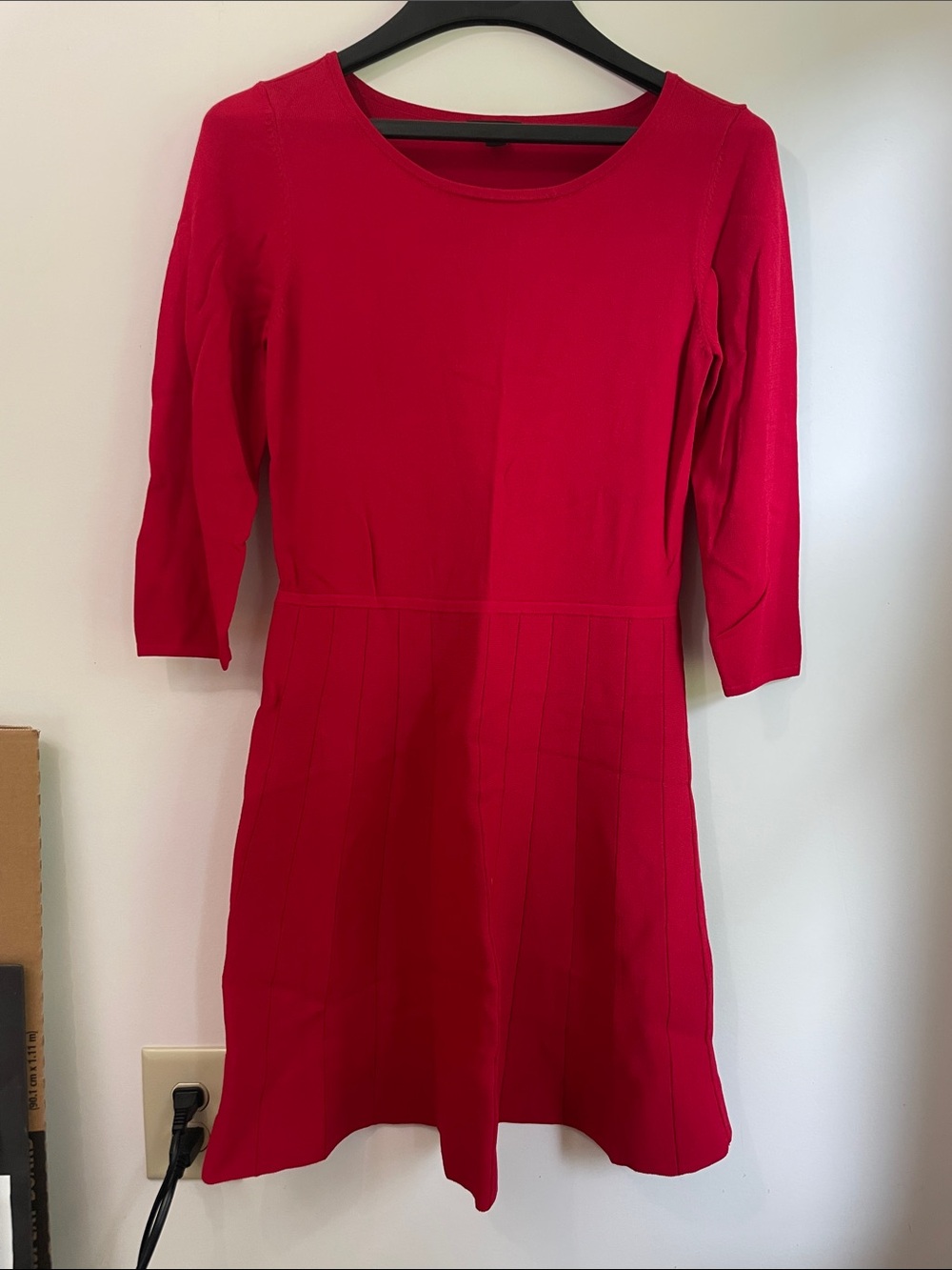 Ann Taylor Red Scoop Neck Long Sleeve Fit-and-Flare Ribbed Skirt Dress Size S